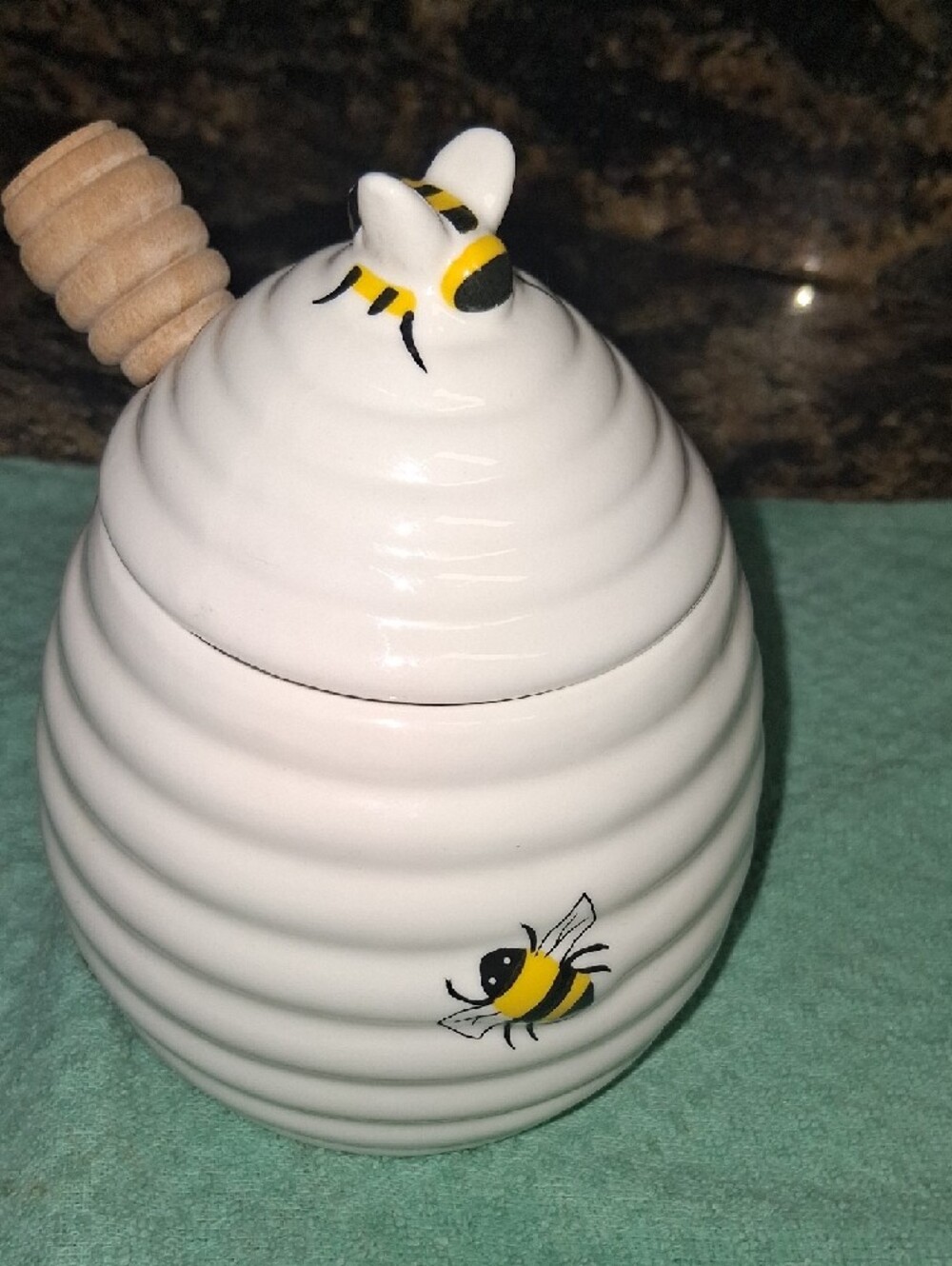 Ceramic White Bee Honey Pot with Wooden Dipper - Picture 4 of 9